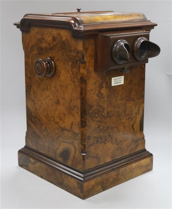 A Victorian burr walnut table top stereoscope viewer with slides/photos